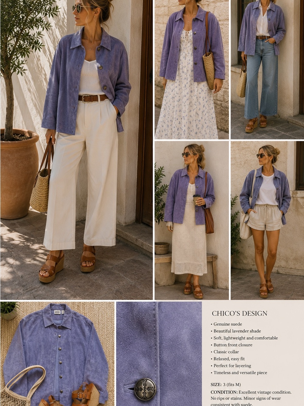 NWT Chico’s Design Genuine Suede Lavender Jacket Shirt Size 3